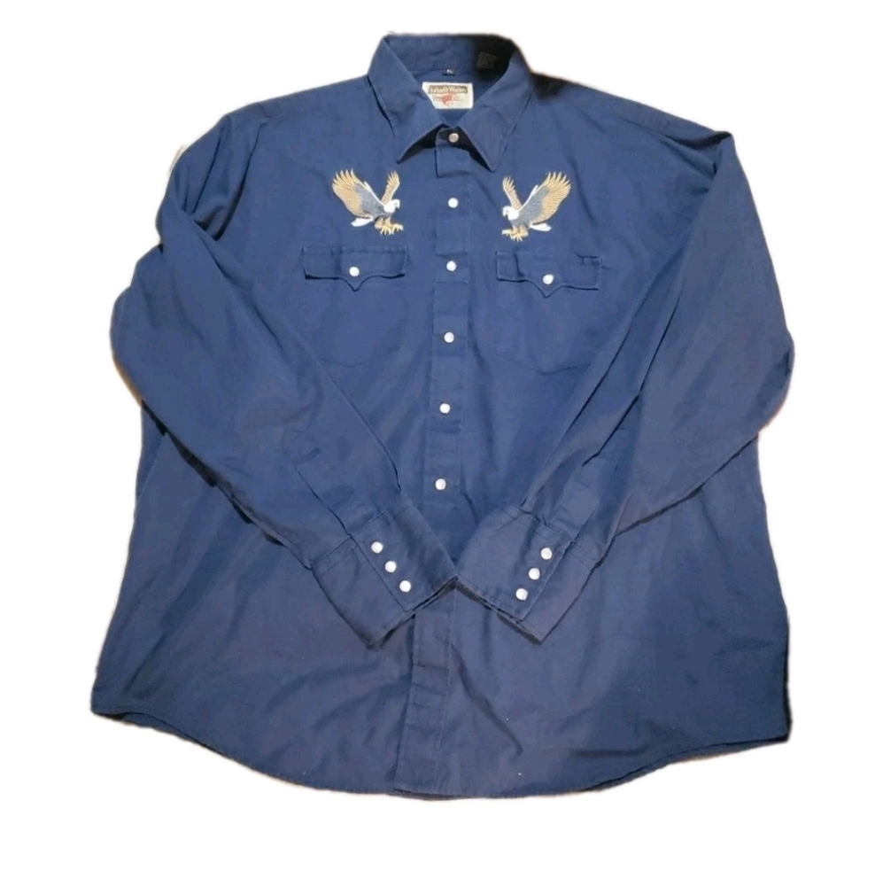 Vtg AuthenticWesternYoungbloods LongSleeve BlueShirt Embroidered Eagles Pearl XL